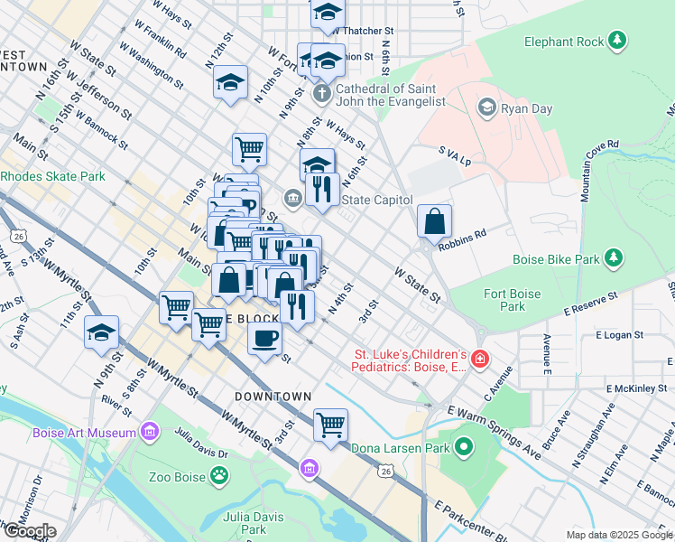 map of restaurants, bars, coffee shops, grocery stores, and more near in Boise