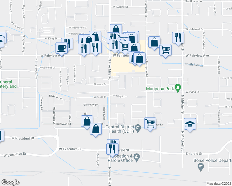 map of restaurants, bars, coffee shops, grocery stores, and more near 10500 West Irving Court in Boise