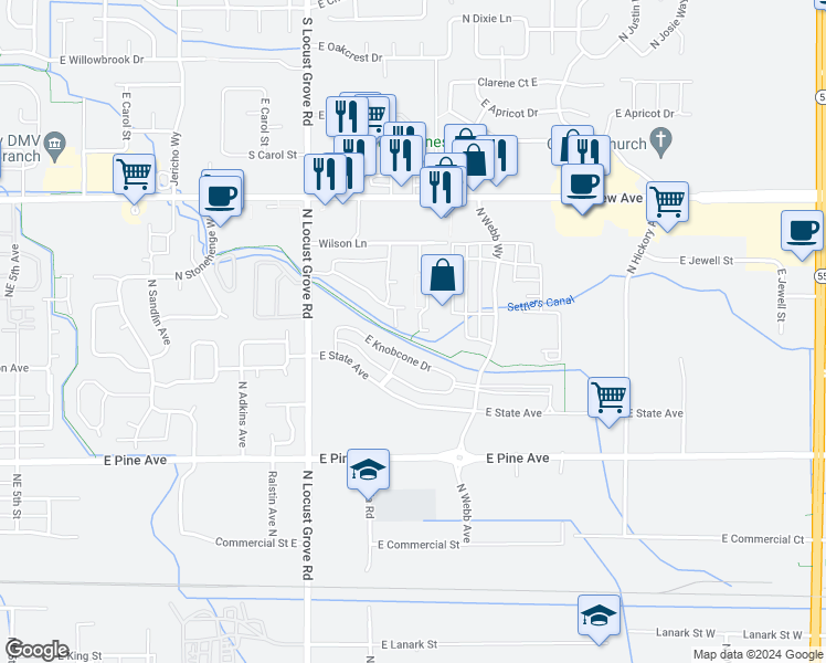 map of restaurants, bars, coffee shops, grocery stores, and more near 1983 East Wilson Lane in Meridian