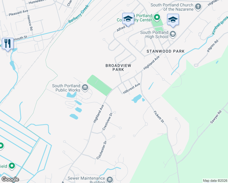 map of restaurants, bars, coffee shops, grocery stores, and more near 876 Highland Avenue in South Portland