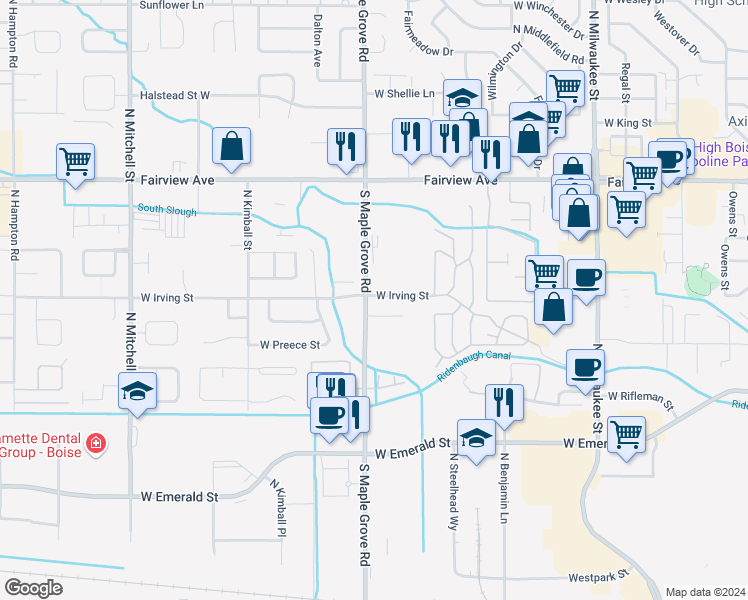 map of restaurants, bars, coffee shops, grocery stores, and more near 8909 West Irving Street in Boise