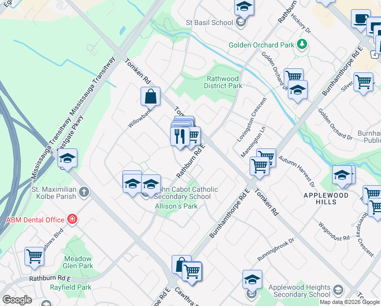 map of restaurants, bars, coffee shops, grocery stores, and more near 915 Rathburn Road East in Mississauga