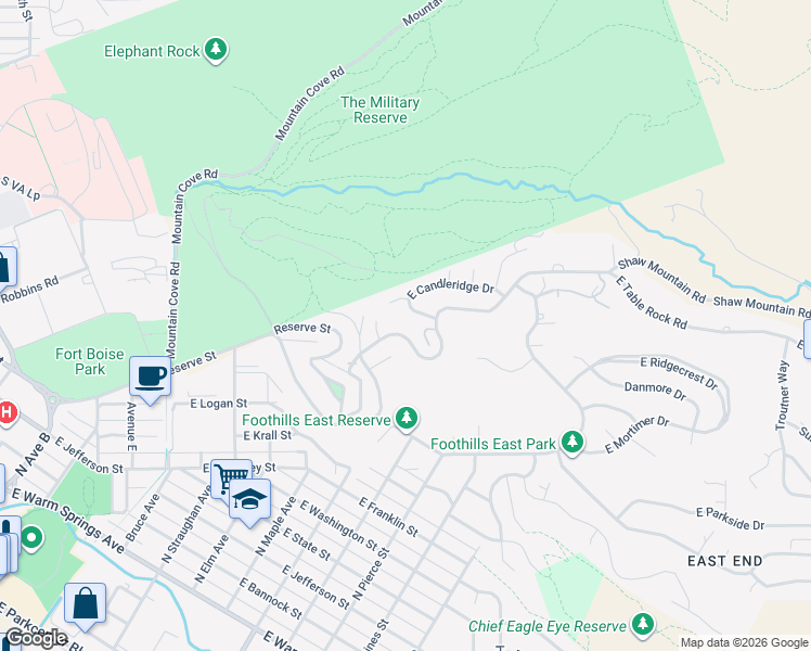 map of restaurants, bars, coffee shops, grocery stores, and more near 1220 Shaw Mountain Road in Boise