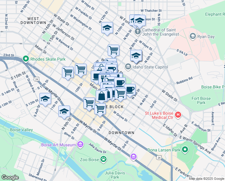 map of restaurants, bars, coffee shops, grocery stores, and more near 199 North Capitol Boulevard in Boise