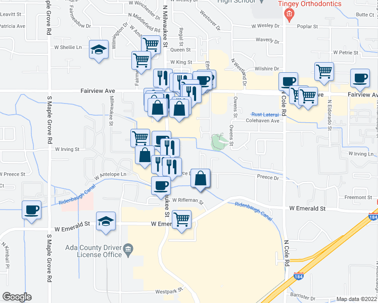 map of restaurants, bars, coffee shops, grocery stores, and more near 10 in Boise