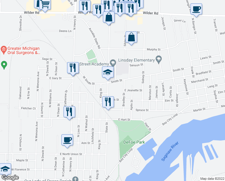 map of restaurants, bars, coffee shops, grocery stores, and more near 100 Smith Street in Bay City