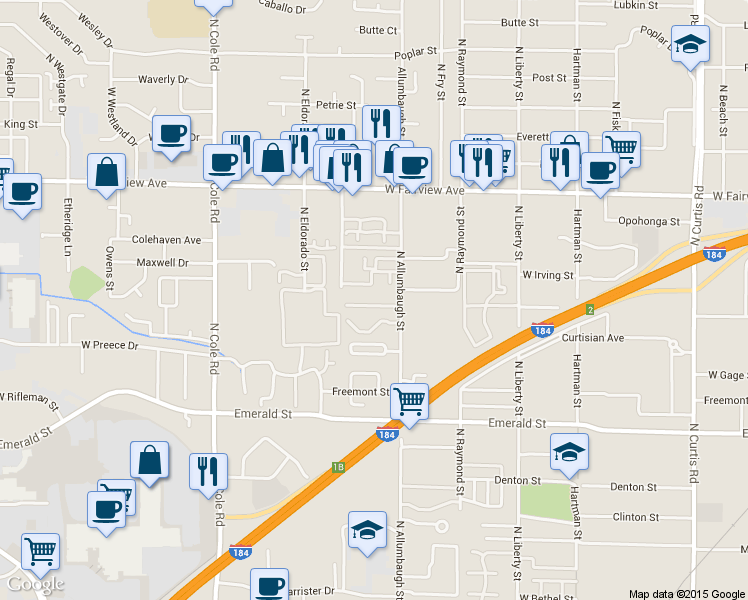 map of restaurants, bars, coffee shops, grocery stores, and more near 6884 West Irving Lane in Boise