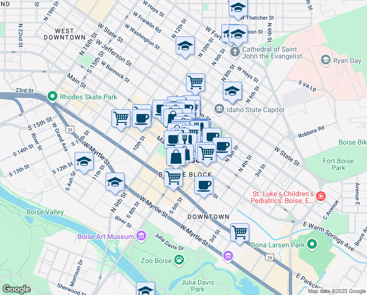 map of restaurants, bars, coffee shops, grocery stores, and more near in Boise