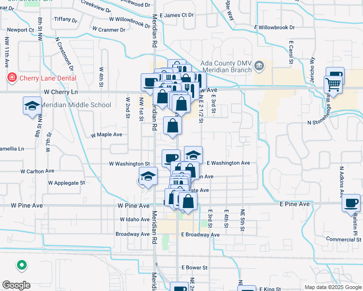 map of restaurants, bars, coffee shops, grocery stores, and more near 1302 North Main Street in Meridian