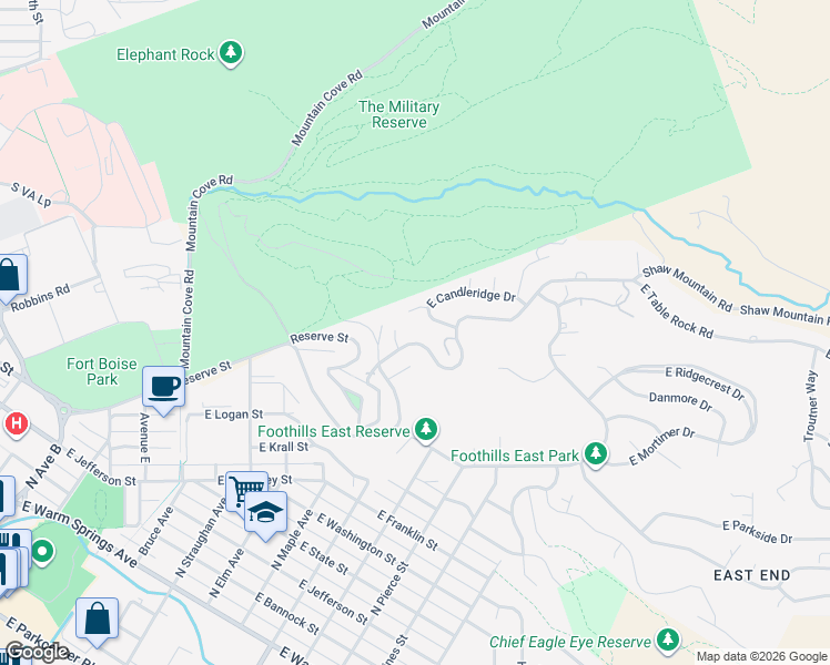 map of restaurants, bars, coffee shops, grocery stores, and more near 1220 Shaw Mountain Road in Boise