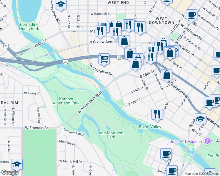 map of restaurants, bars, coffee shops, grocery stores, and more near 1471 Shoreline Drive in Boise