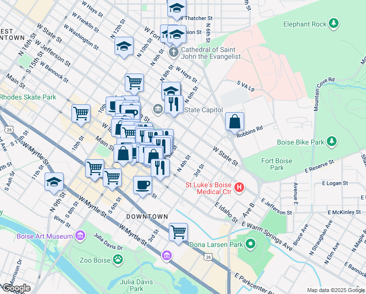 map of restaurants, bars, coffee shops, grocery stores, and more near in Boise