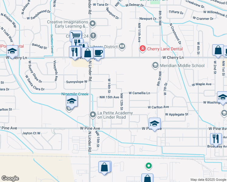 map of restaurants, bars, coffee shops, grocery stores, and more near 1136 North West 14th Place in Meridian