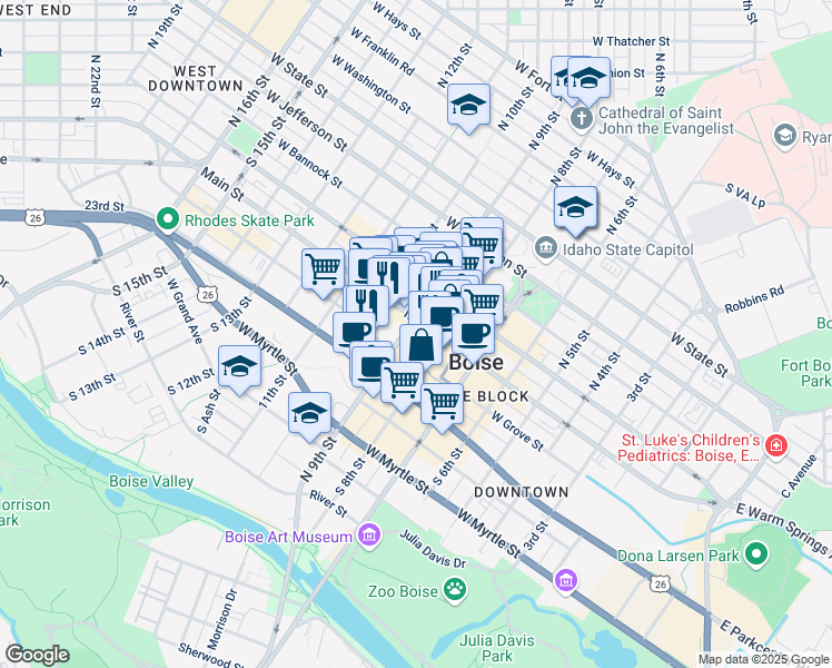 map of restaurants, bars, coffee shops, grocery stores, and more near 999 West Main Street in Boise