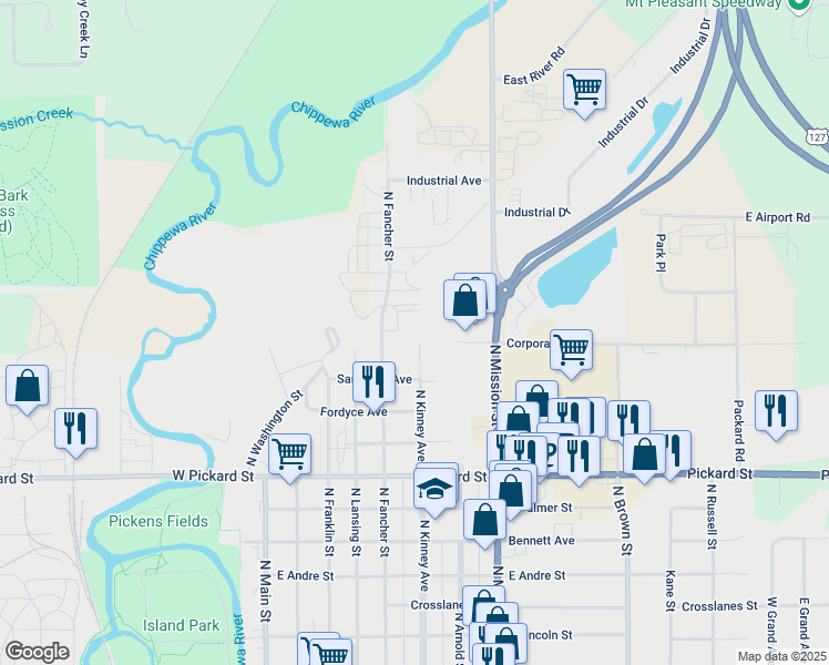 map of restaurants, bars, coffee shops, grocery stores, and more near 1301 North Kinney Avenue in Mount Pleasant