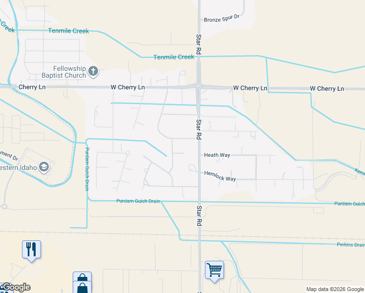 map of restaurants, bars, coffee shops, grocery stores, and more near 16714 Oriole Lane in Nampa