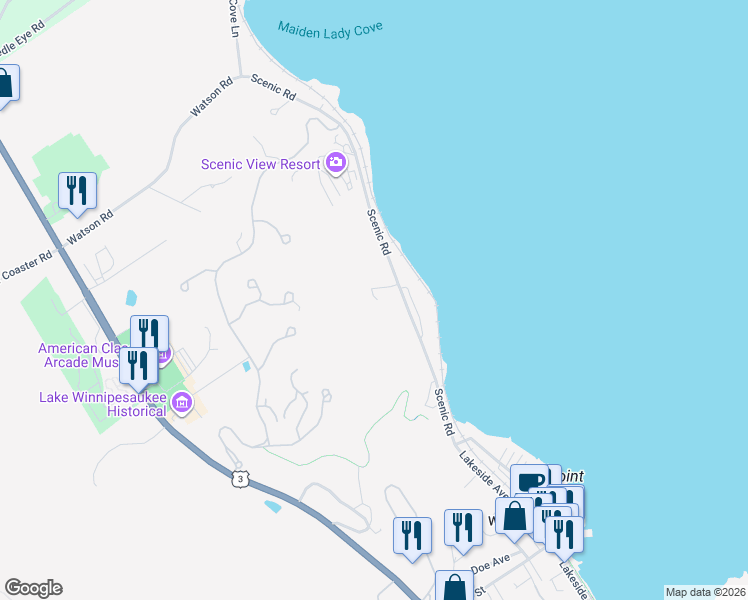 map of restaurants, bars, coffee shops, grocery stores, and more near 596 Scenic Road in Laconia