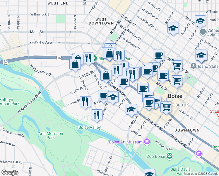 map of restaurants, bars, coffee shops, grocery stores, and more near 406 South 13th Street in Boise