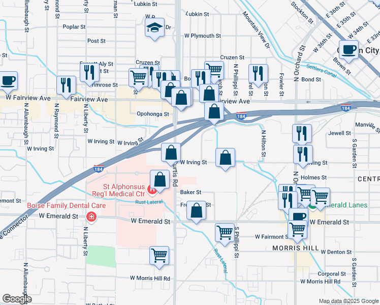 map of restaurants, bars, coffee shops, grocery stores, and more near 1200 North Curtis Road in Boise