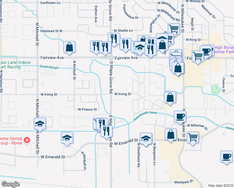 map of restaurants, bars, coffee shops, grocery stores, and more near 8909 West Irving Street in Boise