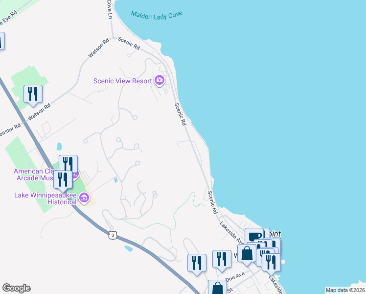 map of restaurants, bars, coffee shops, grocery stores, and more near 596 Scenic Road in Laconia