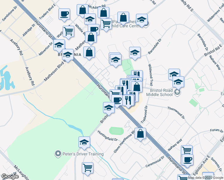 map of restaurants, bars, coffee shops, grocery stores, and more near 65 Bristol Road East in Mississauga