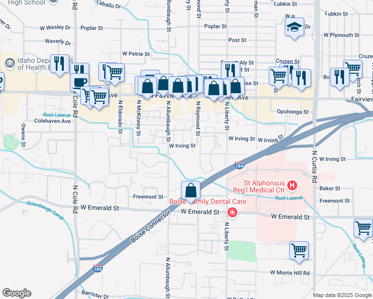 map of restaurants, bars, coffee shops, grocery stores, and more near 6693 West Irving Street in Boise