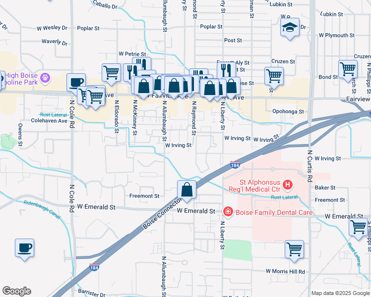 map of restaurants, bars, coffee shops, grocery stores, and more near 6741 West Irving Street in Boise