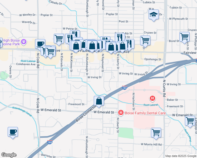 map of restaurants, bars, coffee shops, grocery stores, and more near 6741 West Irving Street in Boise