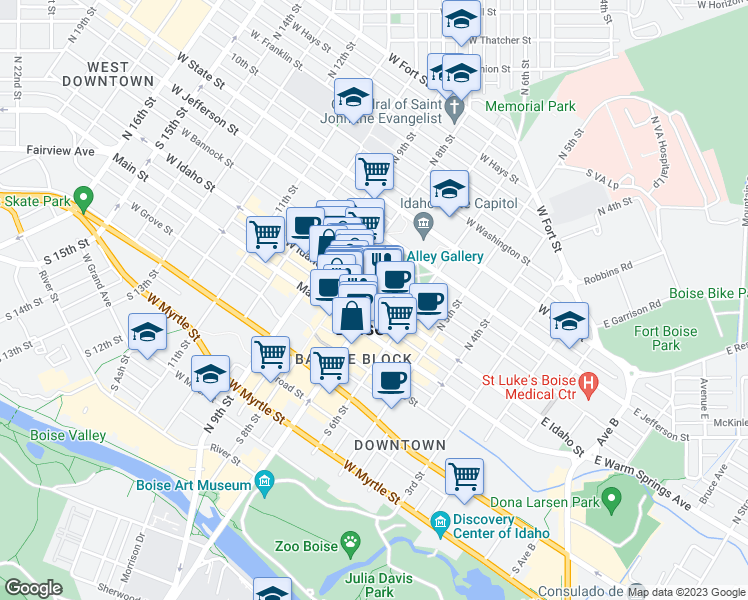 map of restaurants, bars, coffee shops, grocery stores, and more near in Boise