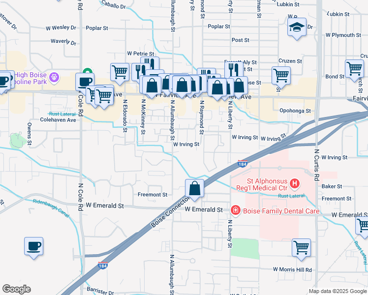 map of restaurants, bars, coffee shops, grocery stores, and more near 6741 West Irving Street in Boise