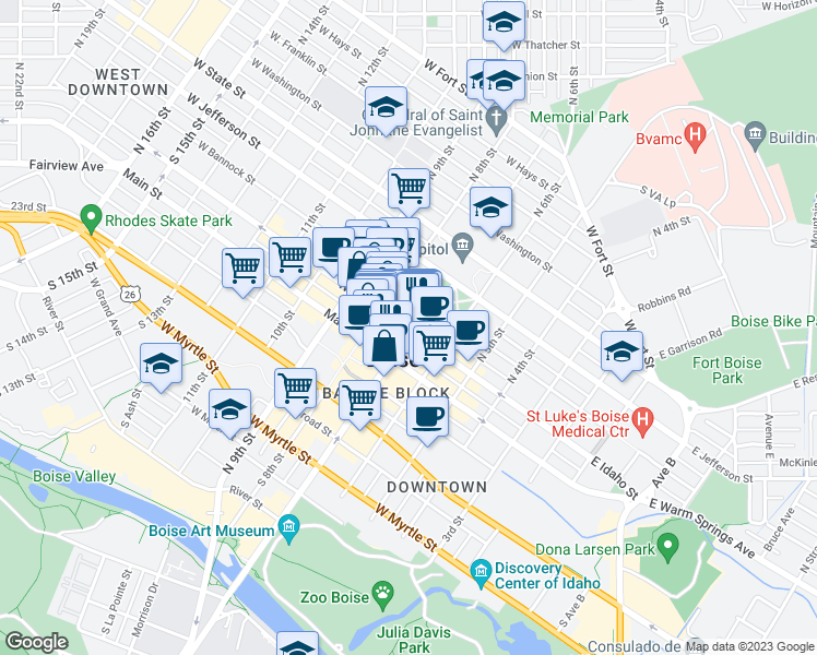 map of restaurants, bars, coffee shops, grocery stores, and more near in Boise