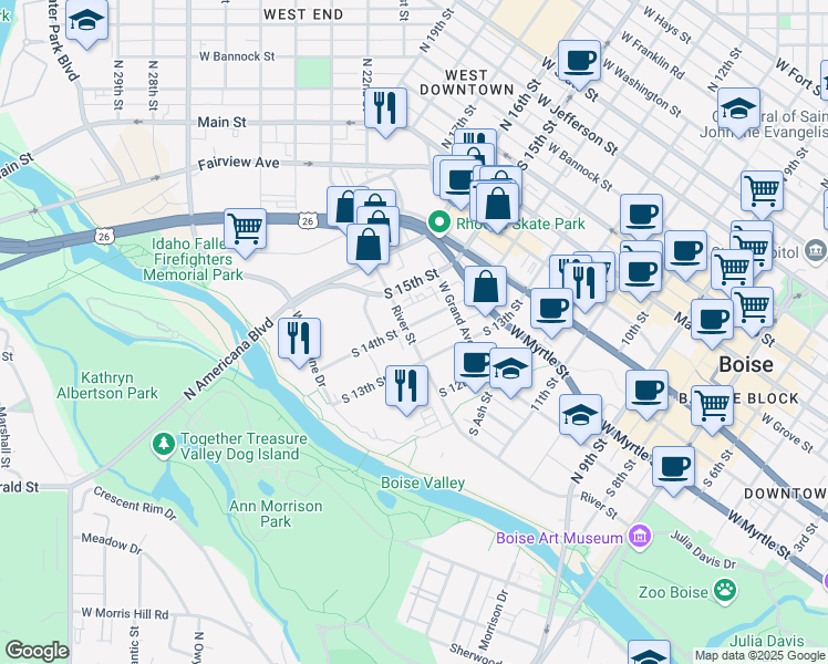 map of restaurants, bars, coffee shops, grocery stores, and more near 1315 West River Street in Boise