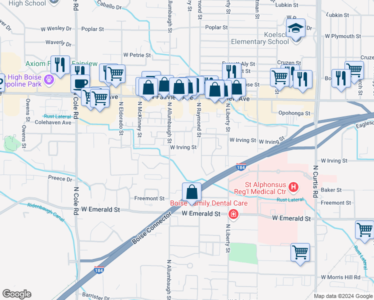 map of restaurants, bars, coffee shops, grocery stores, and more near 6741 West Irving Street in Boise
