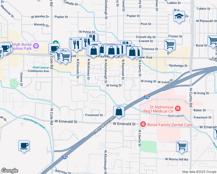 map of restaurants, bars, coffee shops, grocery stores, and more near 6817 West Irving Lane in Boise