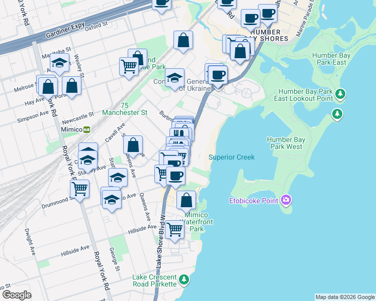 map of restaurants, bars, coffee shops, grocery stores, and more near in Toronto