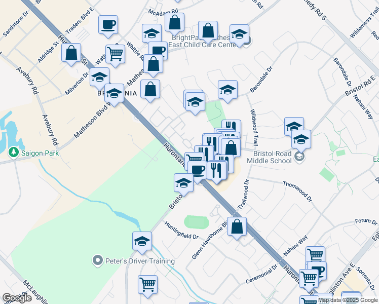 map of restaurants, bars, coffee shops, grocery stores, and more near in Mississauga