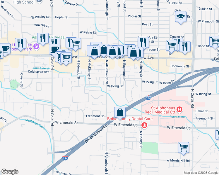 map of restaurants, bars, coffee shops, grocery stores, and more near 6787 West Irving Street in Boise
