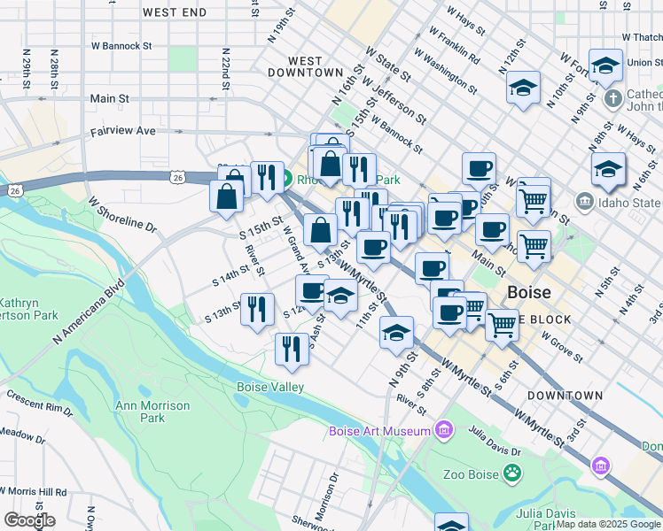 map of restaurants, bars, coffee shops, grocery stores, and more near 412 South 13th Street in Boise