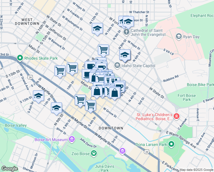 map of restaurants, bars, coffee shops, grocery stores, and more near 223 North 6th Street in Boise