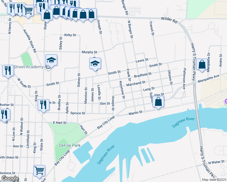 map of restaurants, bars, coffee shops, grocery stores, and more near 306 Joseph Street in Bay City
