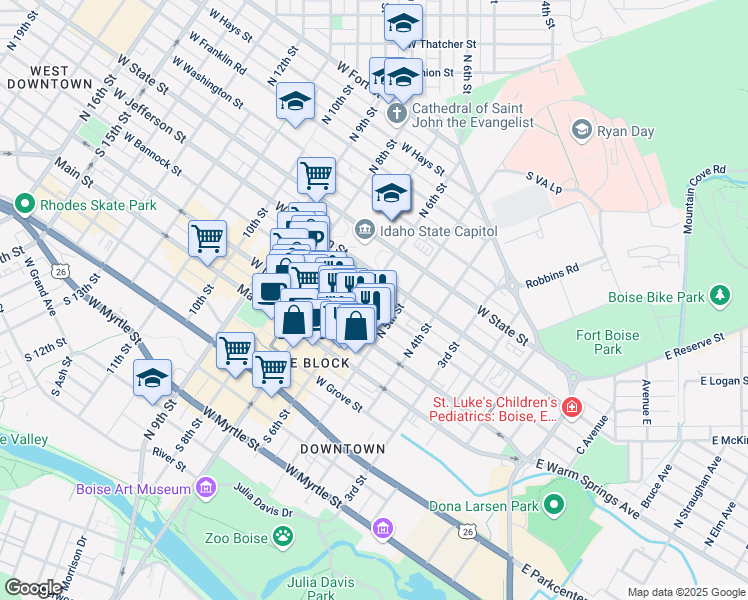 map of restaurants, bars, coffee shops, grocery stores, and more near 300 North 6th Street in Boise