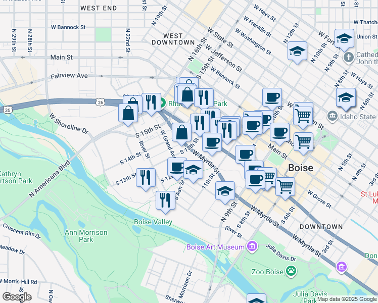 map of restaurants, bars, coffee shops, grocery stores, and more near 412 South 13th Street in Boise