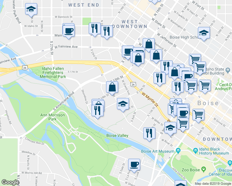 map of restaurants, bars, coffee shops, grocery stores, and more near 1315 West River Street in Boise