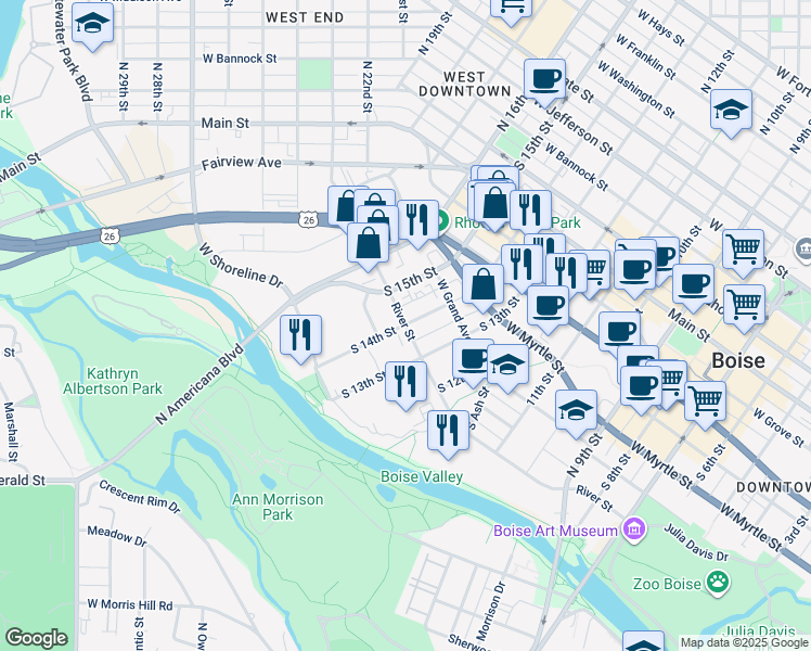 map of restaurants, bars, coffee shops, grocery stores, and more near 1315 West River Street in Boise