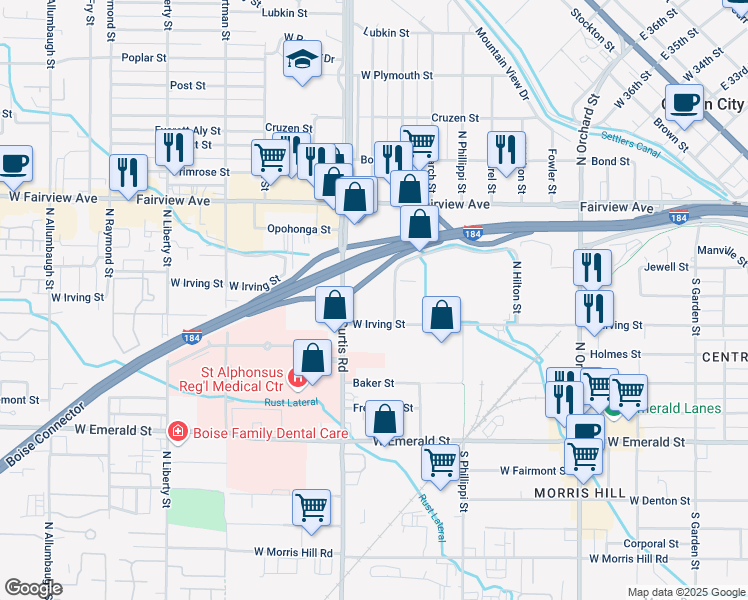 map of restaurants, bars, coffee shops, grocery stores, and more near 1200 North Curtis Road in Boise