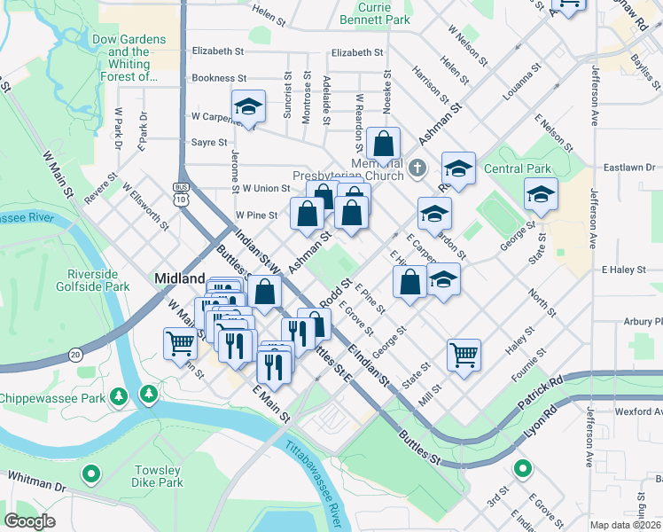 map of restaurants, bars, coffee shops, grocery stores, and more near 205 East Grove Street in Midland