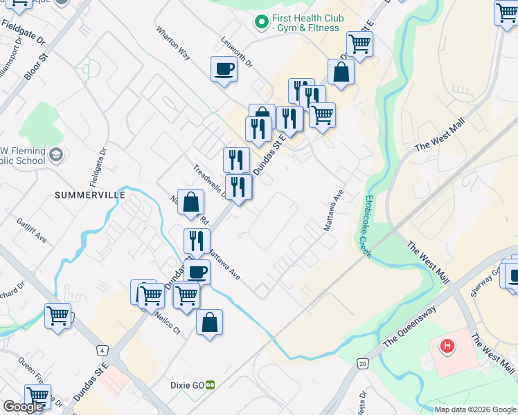 map of restaurants, bars, coffee shops, grocery stores, and more near 1747 Coram Crescent in Mississauga