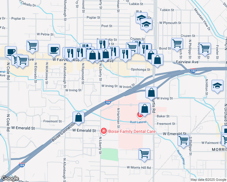 map of restaurants, bars, coffee shops, grocery stores, and more near 1205 North Hartman Street in Boise