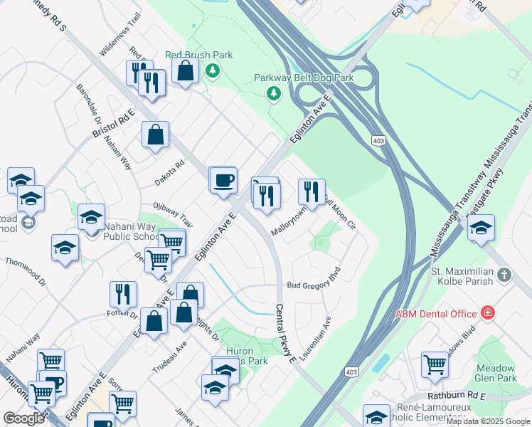 map of restaurants, bars, coffee shops, grocery stores, and more near 4665 Central Parkway East in Mississauga